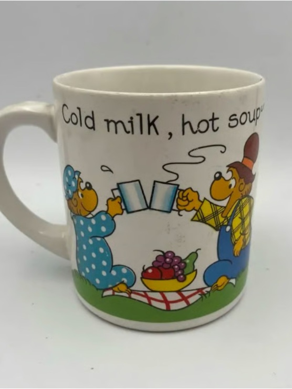 Playful Cartoon Picnic Ceramic Mug - White with Multicolor Graphics